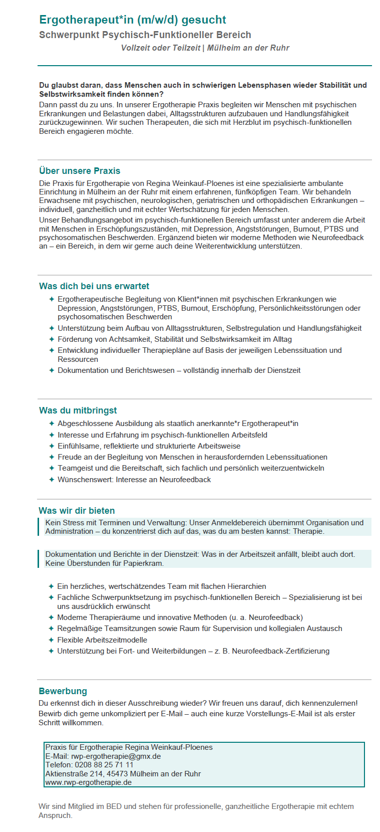 Ergotherapeut*in (m/w/d) gesucht, Psychisch-Funktioneller Bereich, Vollzeit oder Teilzeit, M&uuml;lheim an der Ruhr, Praxis f&uuml;r Ergotherapie Regina Weinkauf-Ploenes